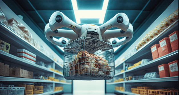 Drone carrying a shopping basket inside a grocery store aisle, showcasing innovative transport technology.