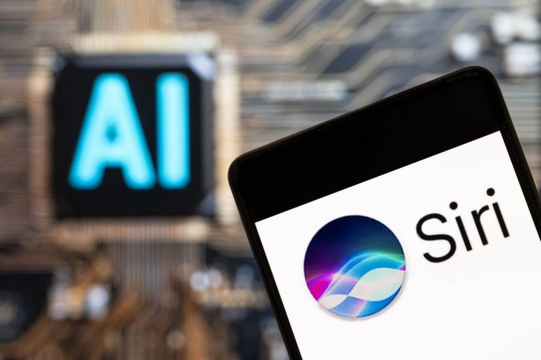 Siri logo on smartphone with AI circuit board background, symbolizing AI integration.