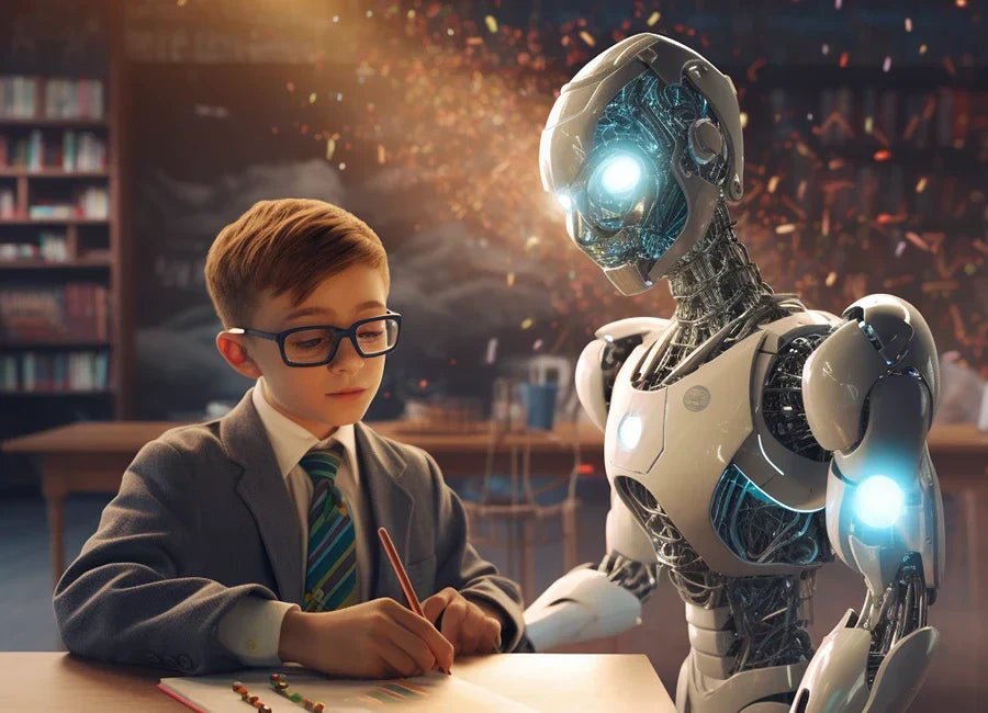 A robotic tutor helping a young boy with homework in a futuristic classroom.